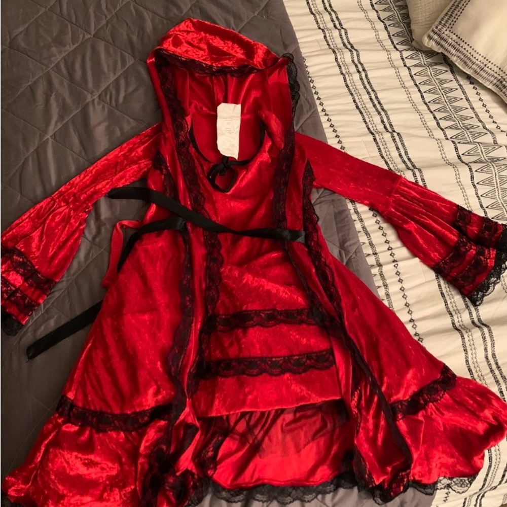 Red Hooded dress with Black Lace Trim Halloween Costume